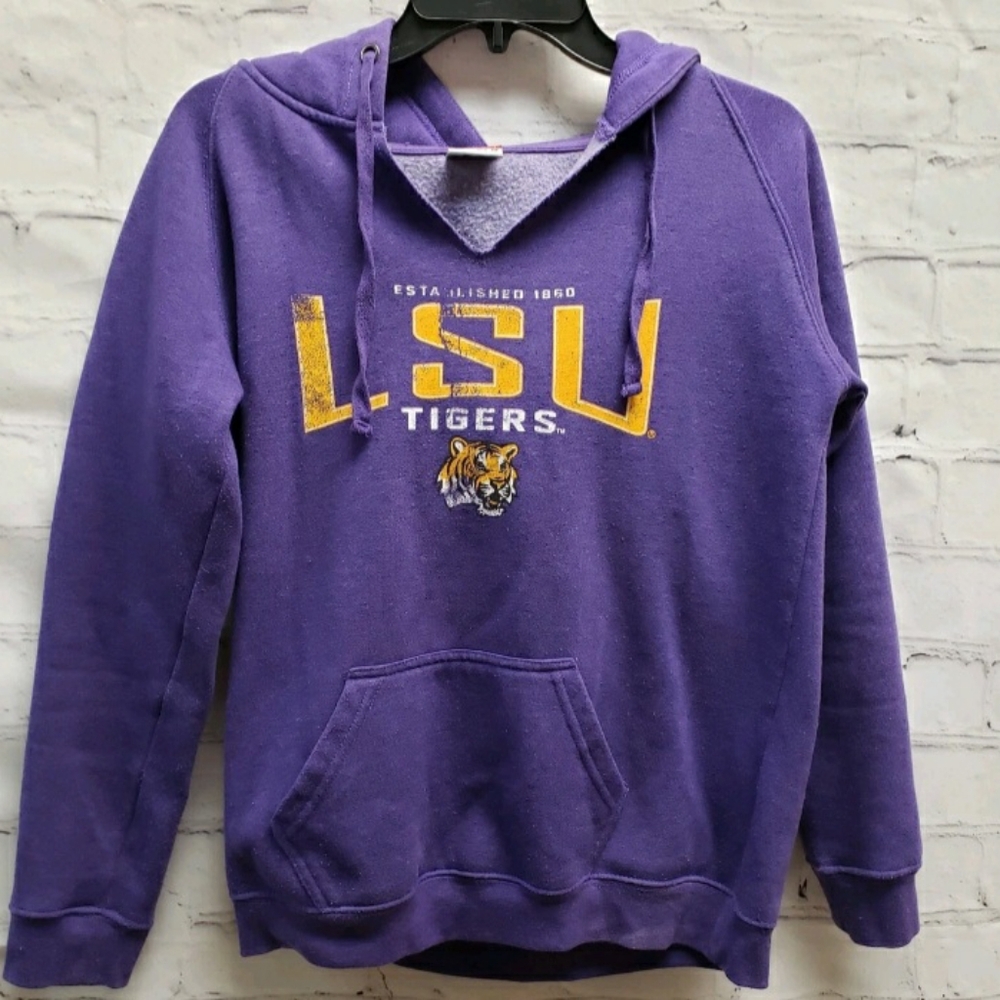 LSU Tigers Women M Purple Raw Edge V-Neck Pullover Draw String Hoodie Print Logo